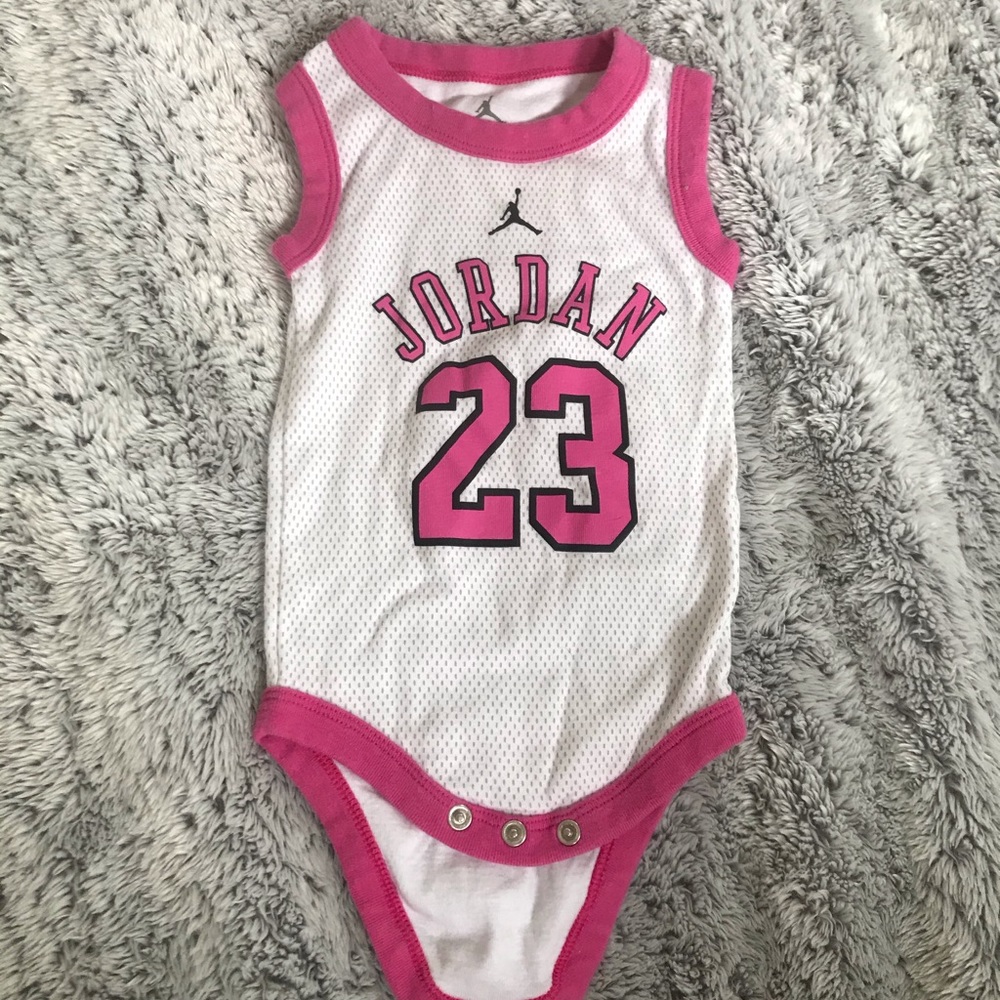 pink and white jordan onesie